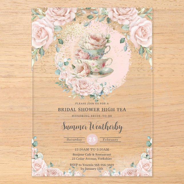 Chic Blush Floral High Tea Party Bridal Shower  Acrylic Invitations (Front)
