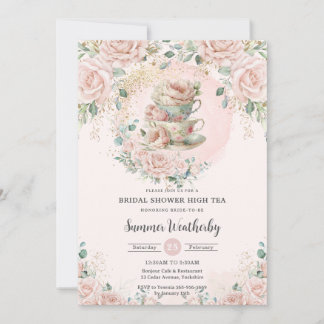 Chic Blush Floral High Tea Party Bridal Shower  Invitation
