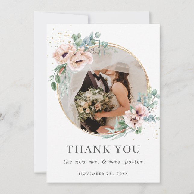 Chic Blush Floral Poppy Greenery Photo Wedding Thank You Card (Front)