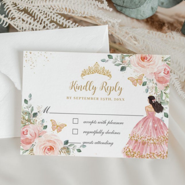Chic Blush Floral Princess Quinceañera Gold Crown RSVP Card (Creator Uploaded)