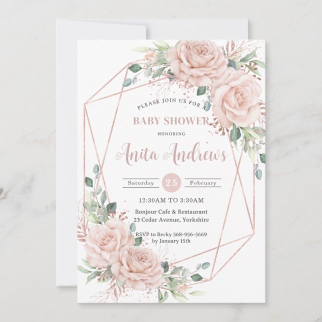 Chic Blush Floral Rose Gold Baby Shower QR Code  Invitation (Front)