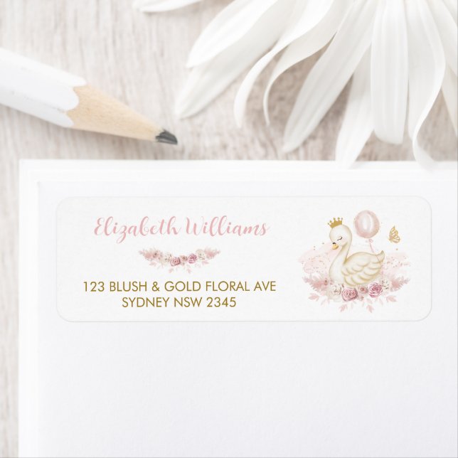 Chic Blush Floral Swan Princess Return Address (Insitu)