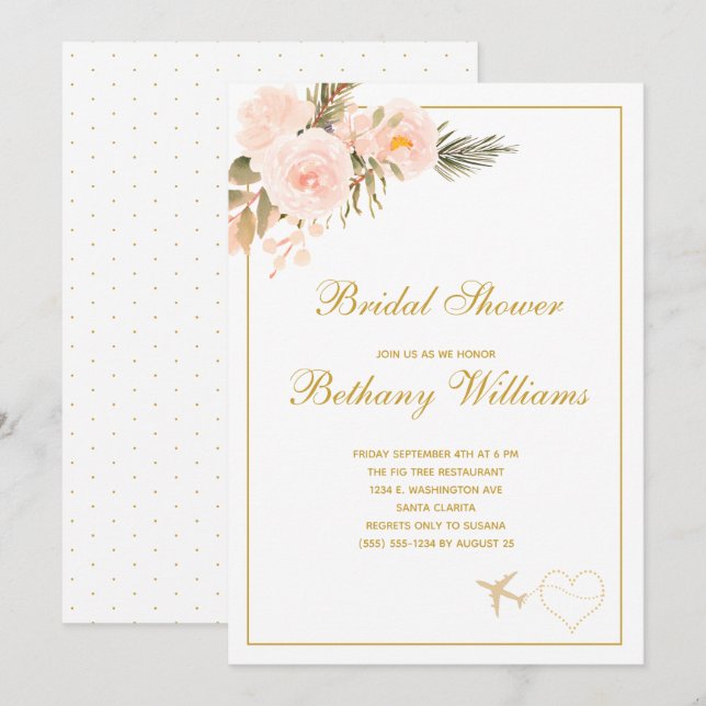 Chic Blush floral Travel Bridal Shower Invitation (Front/Back)