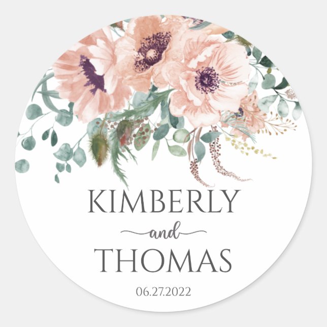 Chic Blush Floral Wedding Classic Round Sticker (Front)