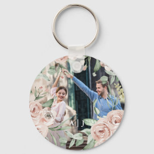 Chic Blush Floral with Monogram Photo Keychain