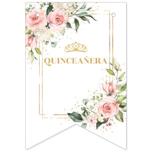 Chic blush flowers eucalyptus gold 15th Birthday Bunting Flags