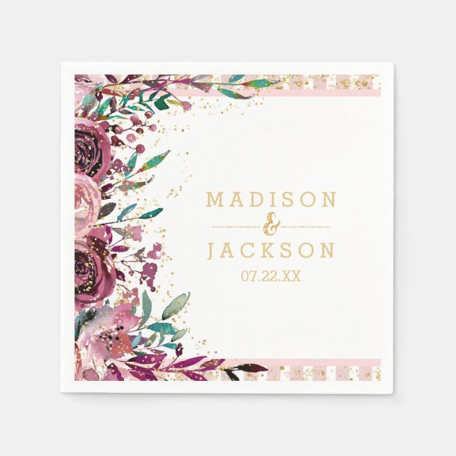 Chic Blush Flowers Stripes & Gold Monogram Wedding Napkin (Front)
