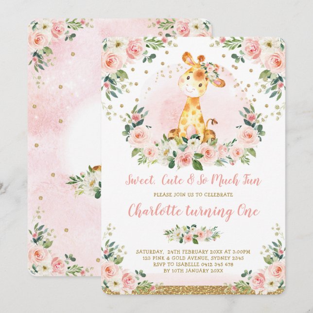 Chic Blush Gold Floral Giraffe 1st Birthday Party Invitation (Front/Back)