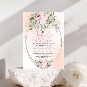 Chic Blush Gold Roses Sweet 16 Birthday Invitation