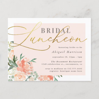 Chic Blush & Gold Script Floral Bridal Luncheon Invitation Postcard