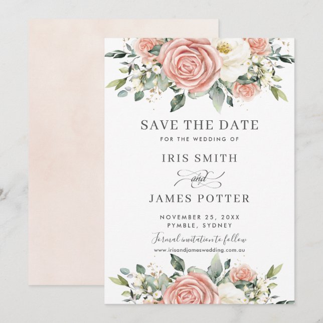 Chic Blush Ivory Floral Wedding Save the Date Card (Front/Back)