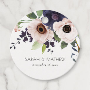 Chic Blush Navy Anemone Floral Watercolor Wedding Favour Tags