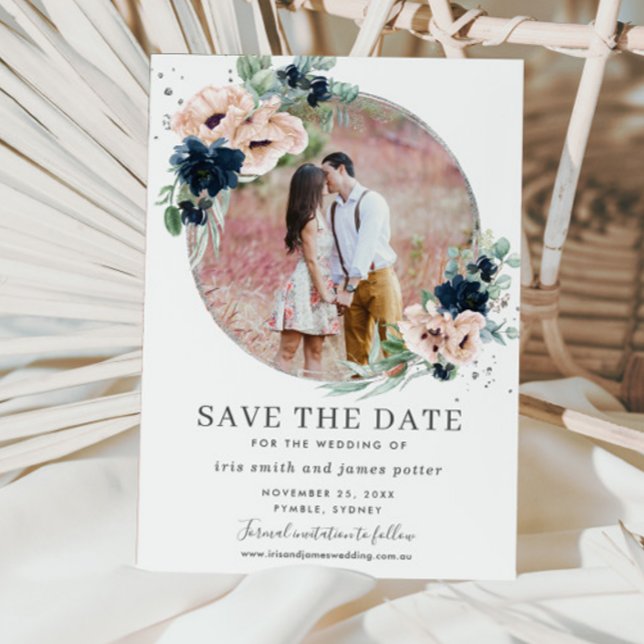 Chic Blush Navy Blue Floral Silver Greenery Photo Save The Date (Creator Uploaded)