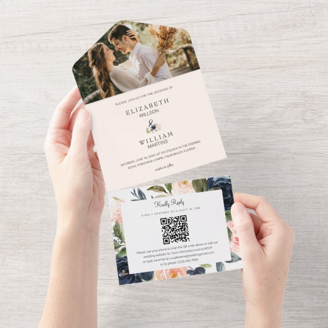 Chic Blush & Navy Floral Wedding QR Code Photo All In One Invitation (Tearaway)