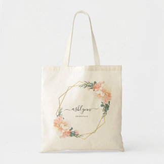 Chic Blush Peach Floral Gold Geometric Bridesmaid Tote Bag