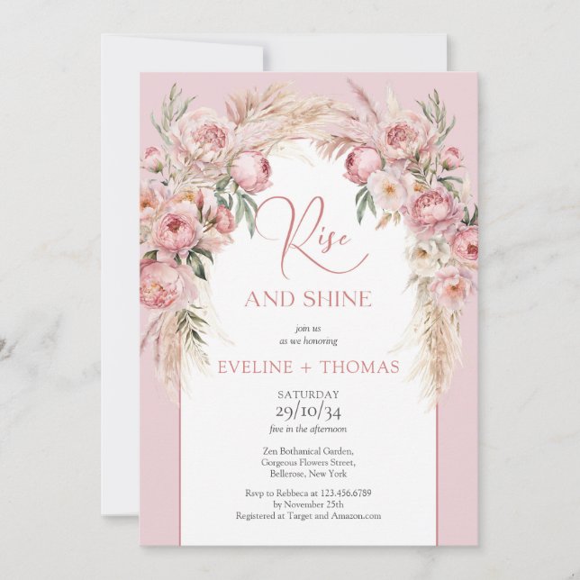 Chic blush peonies pampas boho arch rise and shine invitation (Front)