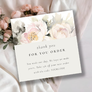Chic Blush Peony Watercolor Floral Thank You Order Square Business Card
