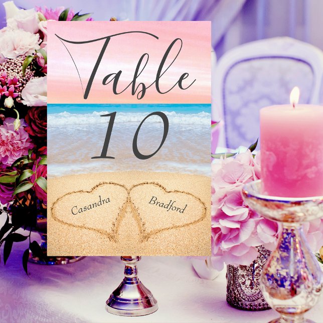 Chic Blush Pink and Beach Wedding 2 Hearts in Sand Table Number (Creator Uploaded)