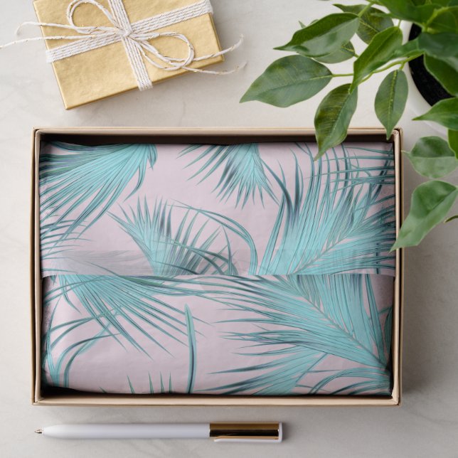 Chic Blush Pink Aqua Blue Palm Fronds Pattern Tissue Paper (Gift)