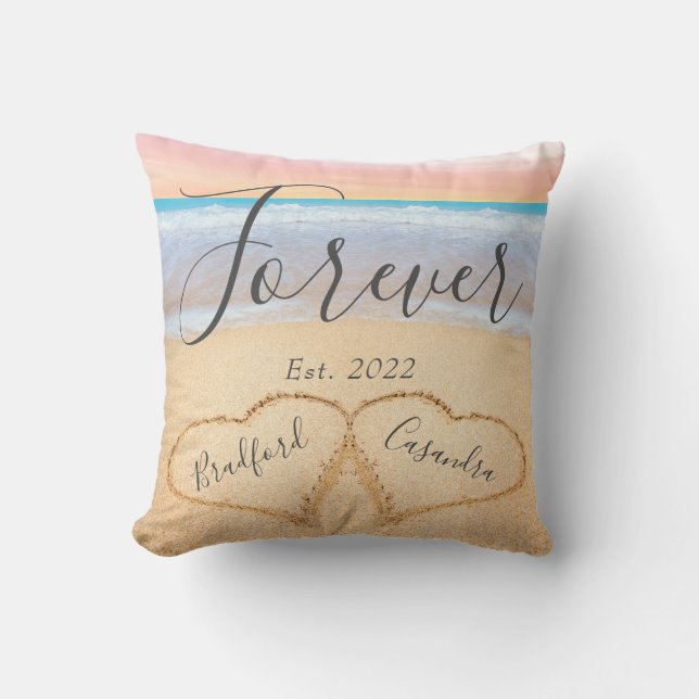Chic Blush Pink Beach Couples Hearts Sand  Throw Pillow (Front)