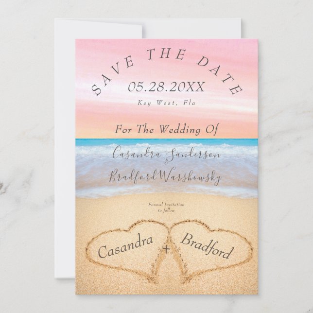 Chic Blush Pink Beach Wedding Hearts Sand wedding  Invitation (Front)