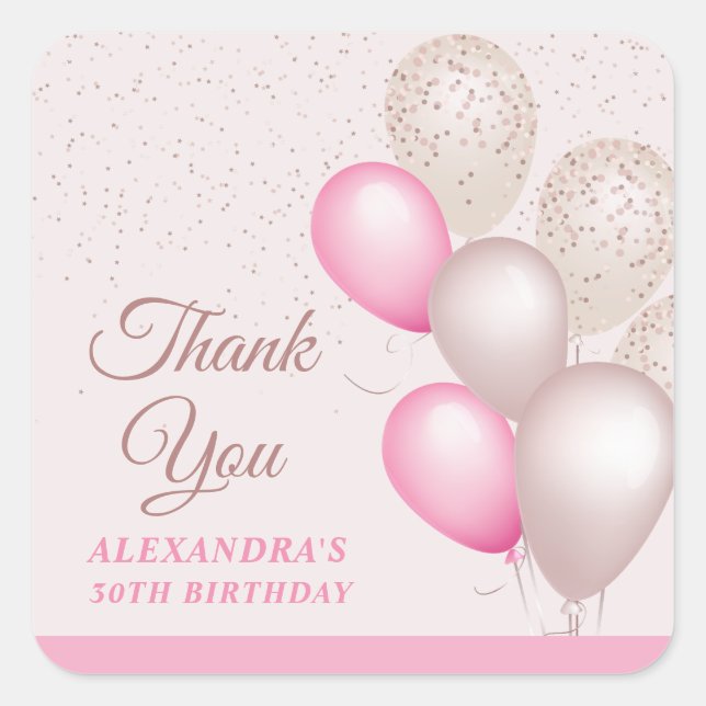 Chic Blush Pink Beige Balloons Birthday Thank you Square Sticker (Front)