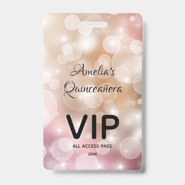 Chic Blush Pink Bokeh Quinceañera Invite VIP Pass Badge (Front)