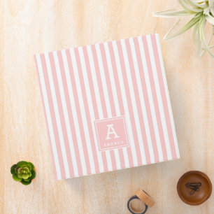 Chic Blush Pink Cabana Stripes Monogrammed Initial Binder