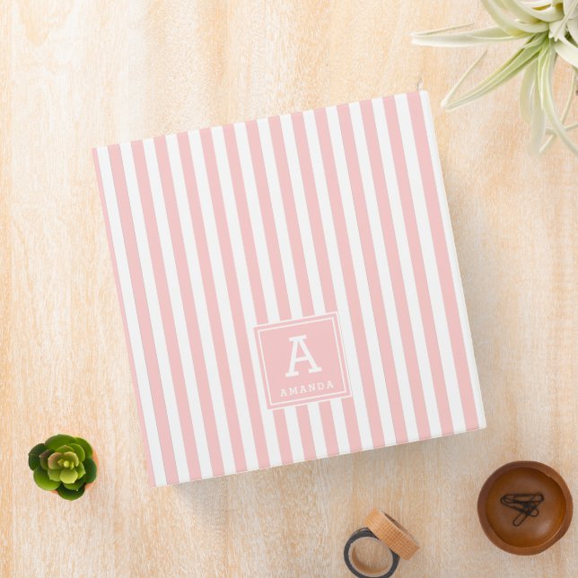 Chic Blush Pink Cabana Stripes Monogrammed Initial Binder (In Situ)