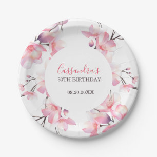 Chic Blush Pink Cherry Blossom Botanical Birthday Paper Plate