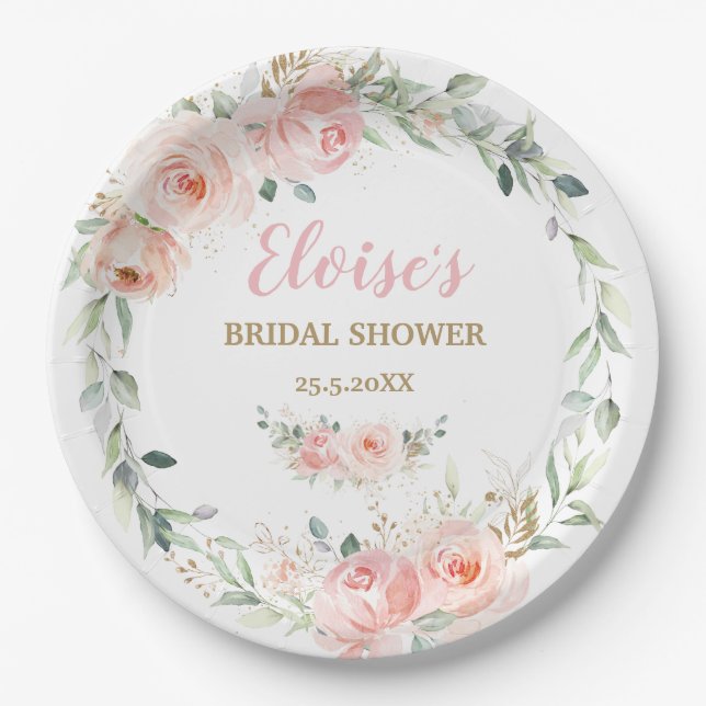 Chic Blush Pink Floral Baby Bridal Shower Birthday Paper Plate (Front)