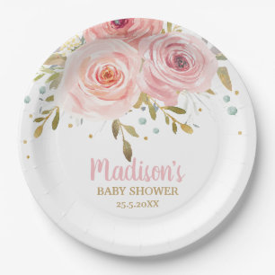 Chic Blush Pink Floral Baby Shower Birthday Party Paper Plate