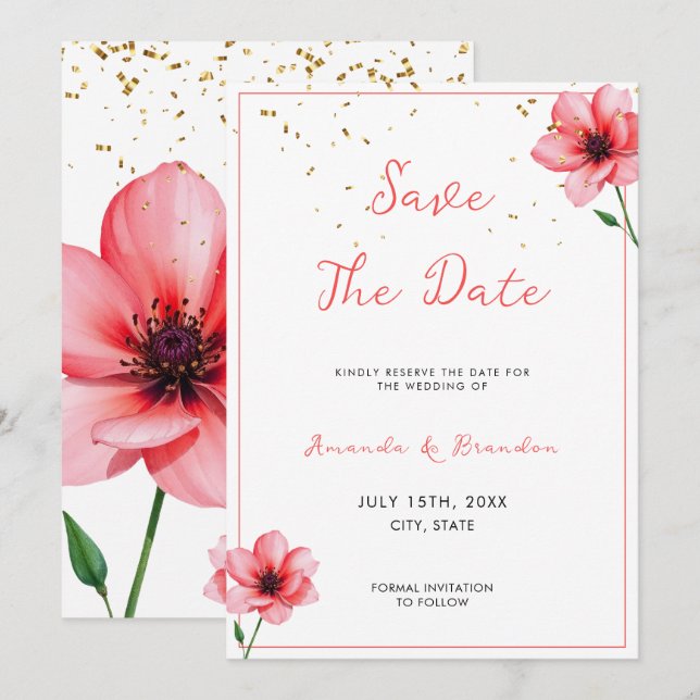Chic Blush Pink Floral Confetti Frame Wedding Save The Date (Front/Back)