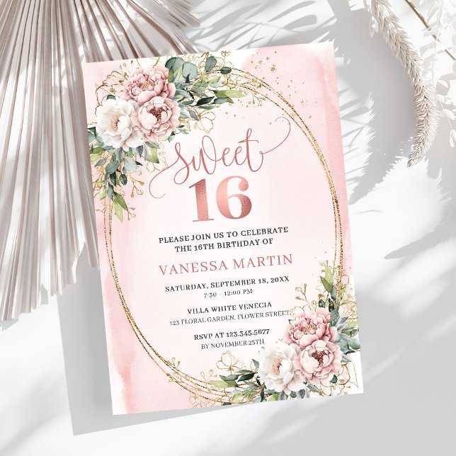 Chic Blush Pink Floral Eucalyptus Sweet 16 Invite (Chic Blush Pink Floral Eucalyptus Sweet 16 Invitation)
