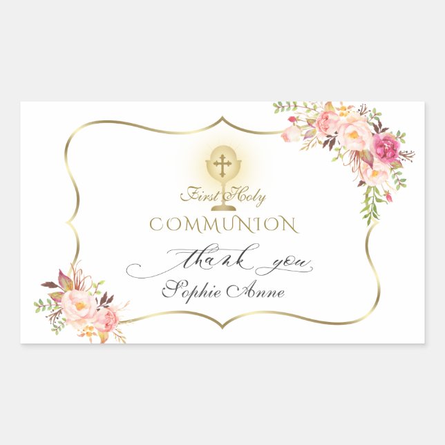 Chic Blush Pink Floral Gold First Holy Communion  Sticker (Front)