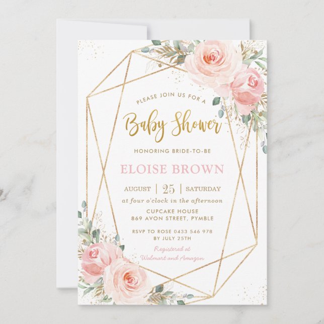 Chic Blush Pink Floral Gold Geometric Baby Shower  Invitation (Front)