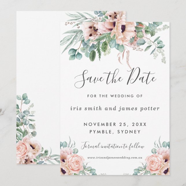 Chic Blush Pink Floral Greenery Save the Date Card (Front/Back)