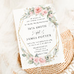 Chic Blush Pink Floral Greenery Wedding Geometric Invitation<br><div class="desc">This chic wedding invitation features a gold glitter geometric frame adorned by delicate watercolor blush pink floral and soft greenery foliage. Personalize it with your details easily and quickly, simply press the customise it button to further re-arrange and format the style and placement of the text. (c) The Happy Cat...</div>