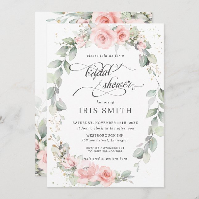 Chic Blush Pink Floral Leafy Wreath Bridal Shower Invitation (Front/Back)