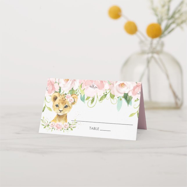 Chic Blush Pink Floral Lion Cub Guest Name Place Card (Front)
