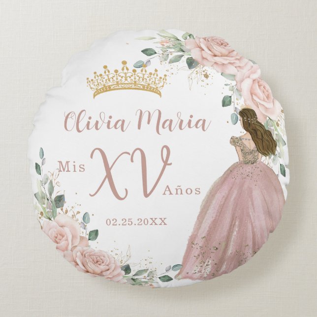 Chic Blush Pink Floral Princess Dress Quinceañera Round Pillow (Front)