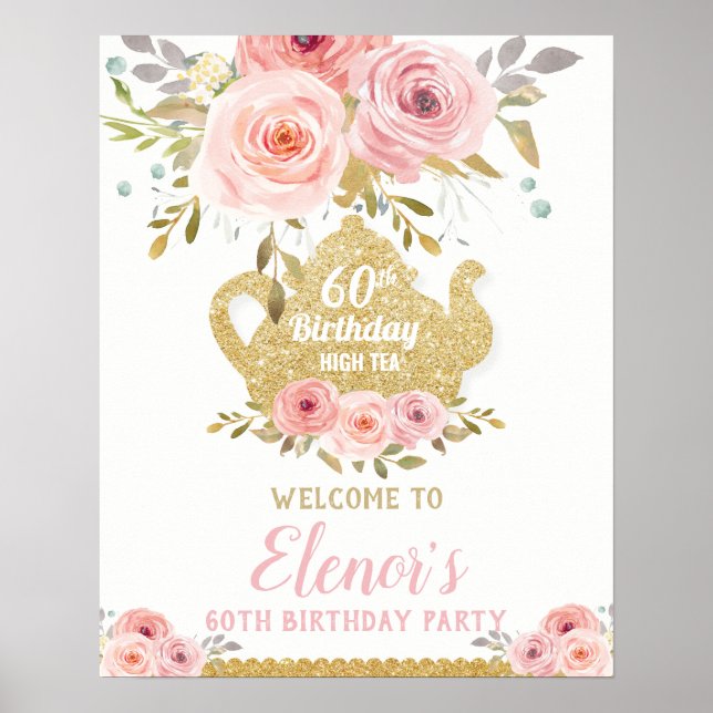 Chic Blush Pink Floral Tea Party Birthday Welcome  Poster (Front)