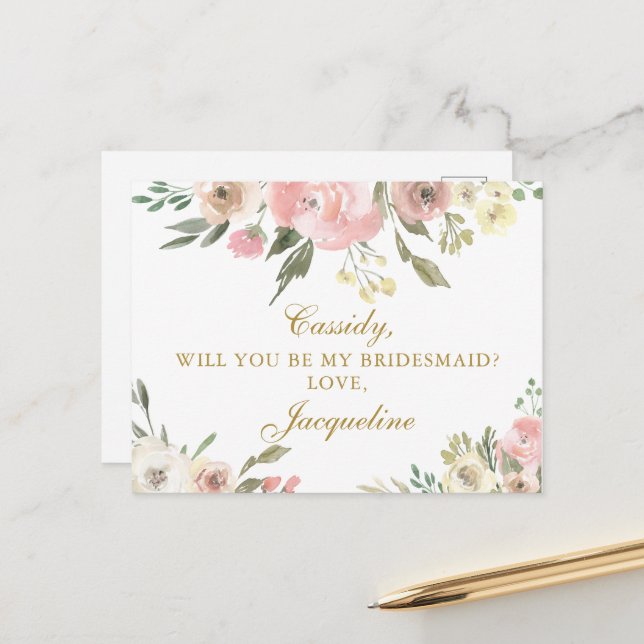 Chic Blush Pink Floral Will You Be My Bridesmaid Postcard (Front/Back In Situ)