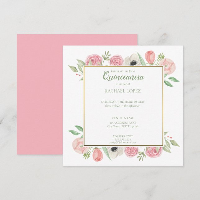 Chic Blush Pink Florals | Gold Frame Quinceanera Invitation (Front/Back)