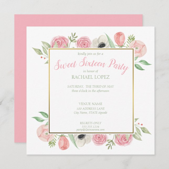 Chic Blush Pink Florals | Gold Frame Sweet Sixteen Invitation (Front/Back)