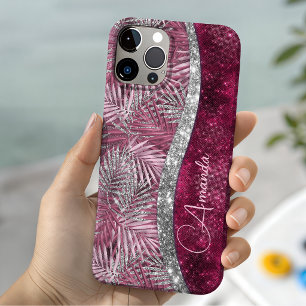 Chic blush pink fuchsia glitter leaves monogram iPhone 13 case