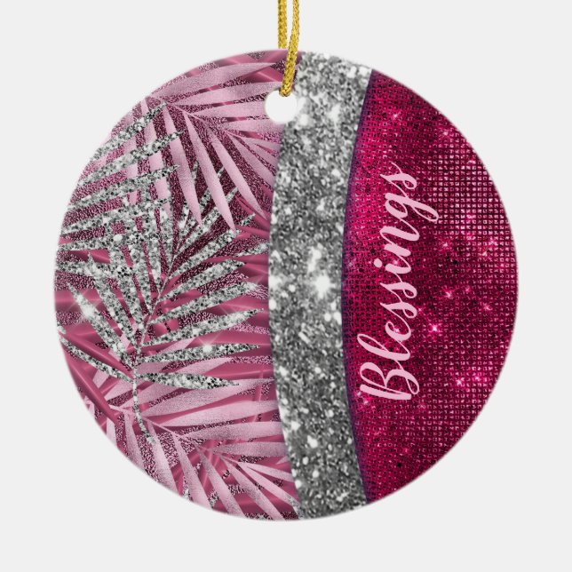 Chic blush pink fuchsia glitter leaves monogram ceramic ornament (Front)
