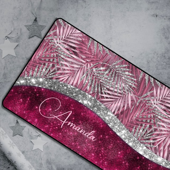 Chic blush pink fuchsia glitter leaves monogram desk mat (Creator Uploaded)