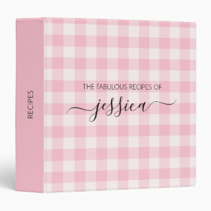 Chic blush pink gingham script name recipe binder