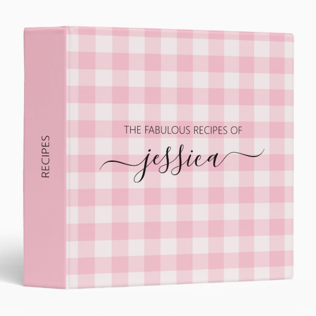 Chic blush pink gingham script name recipe binder (Front/Spine)